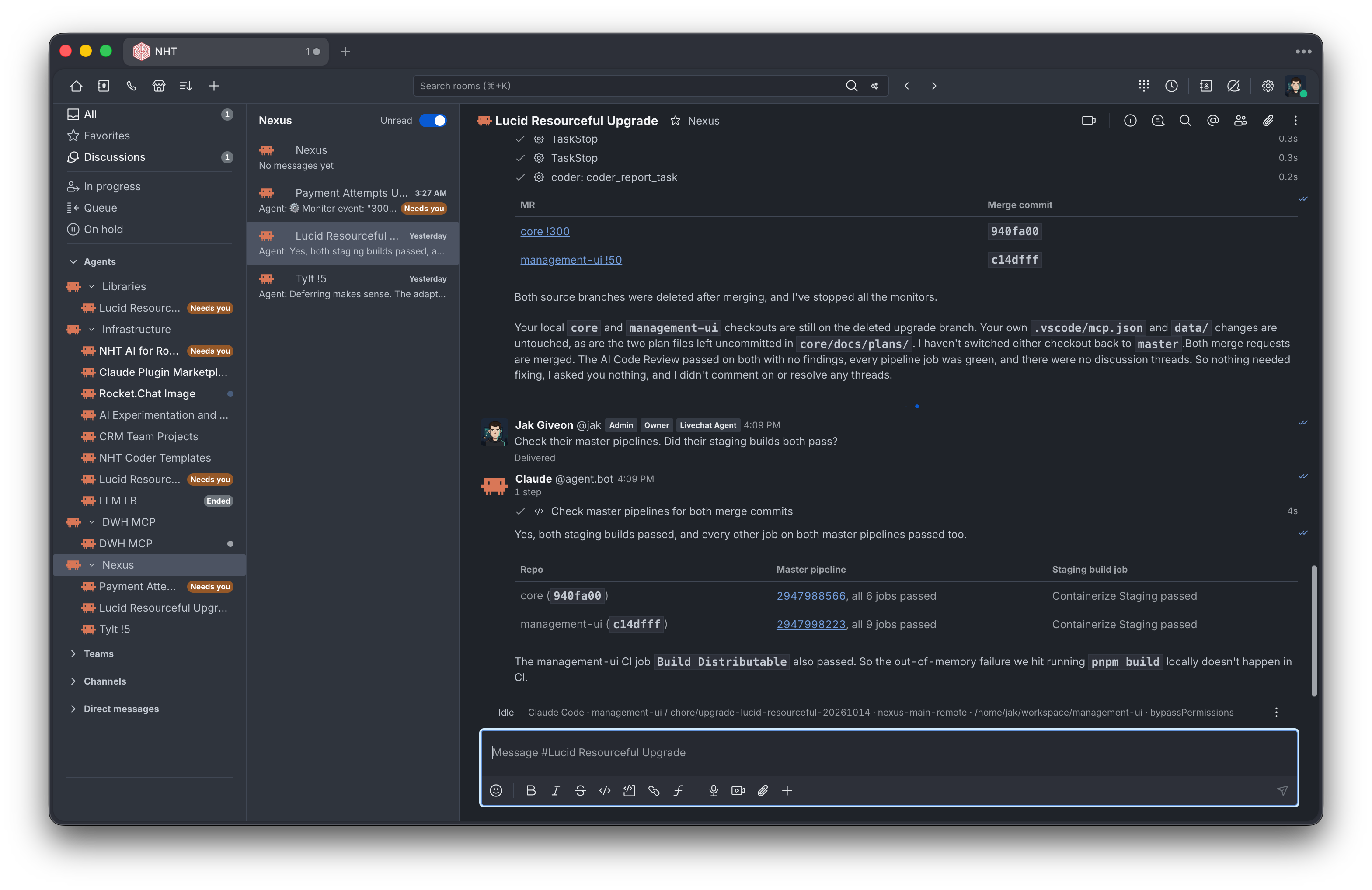 Claude code session in an agent channel